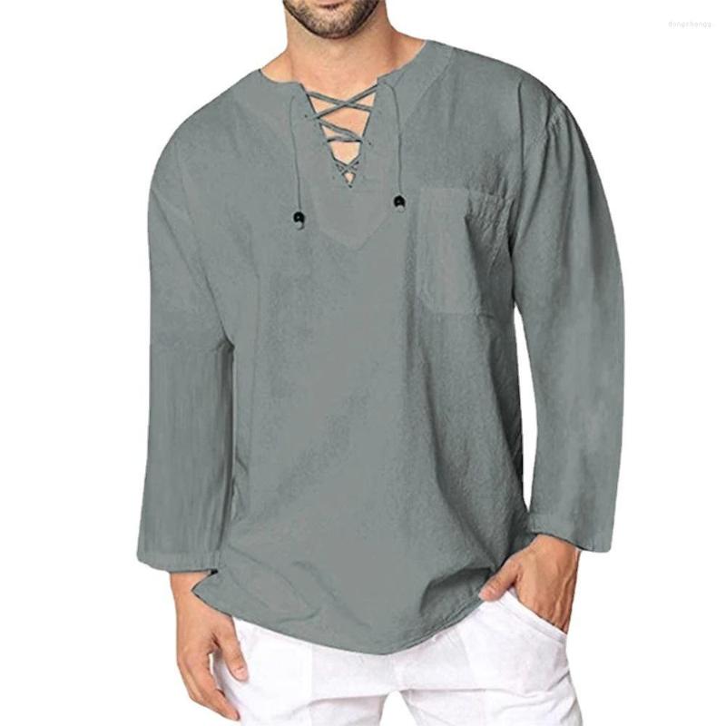 

Men's T Shirts 2023 KB Cotton Linen Shirt Men Brand Long Sleeve Casual Lace Up Mens Lightweight Breathable Top Blouse Chemise, Army green