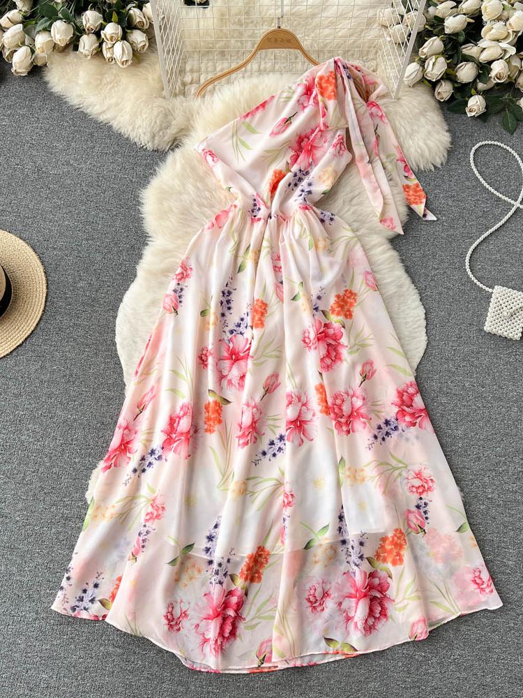 

Casual Dresses Women Summer Dress Design Sense One-shoulder Diagonal Collar Holiday Beach Retro Floral Open Back Suspender D2914, Blue