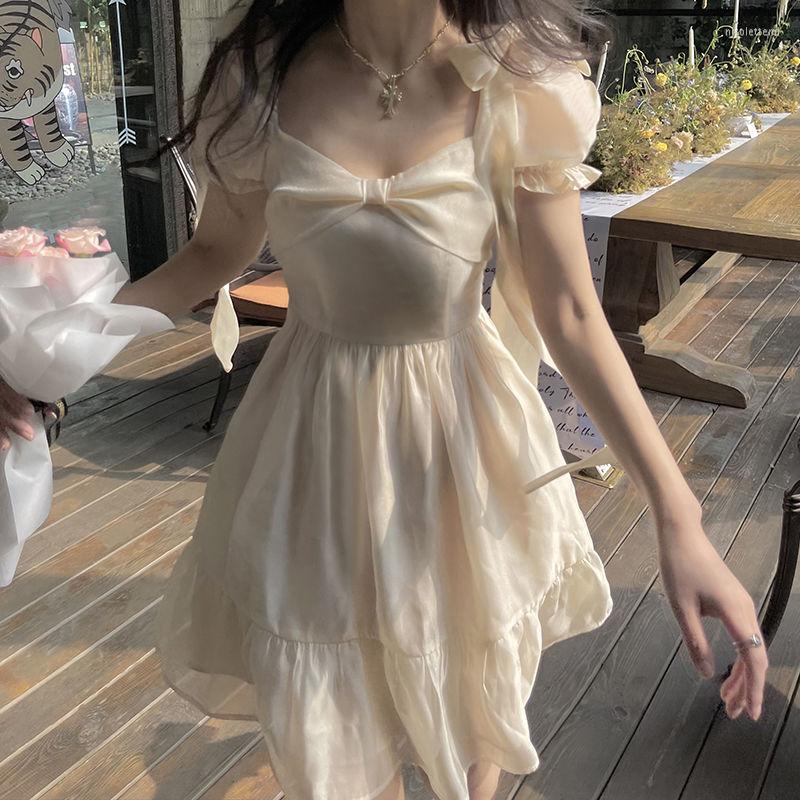 

Party Dresses Summer 2023 Puff Sleeve Fairy Princess Dress Bandage Bow Knot Good Sweet Mini Elegant Kawaii College Short Female, Beige white