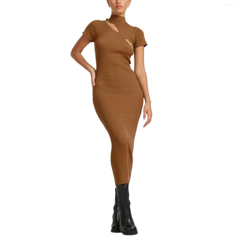 

Party Dresses Women Short Sleeve High Neck Hollowed Slim Fit Bodycon Dress Solid Color Ribbed Knitted Long DressGreen/Brown/Black/Grey, Green