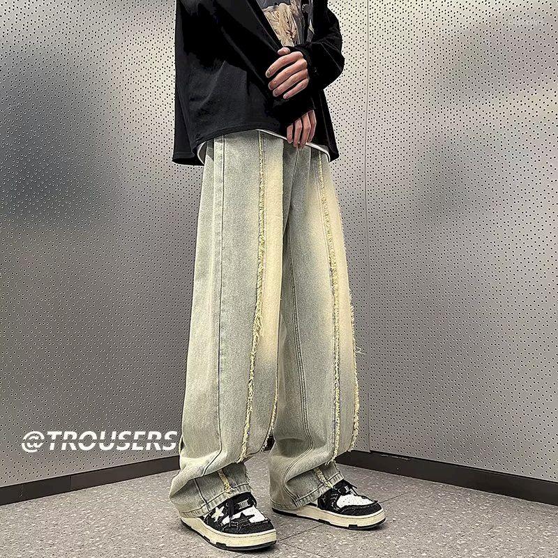 

Men' Jeans Foufurieux Chic Design Patchwork Men Spring Korean Style Fashion Mopping Trousers High Street Loose Casual Jean Pants, Black