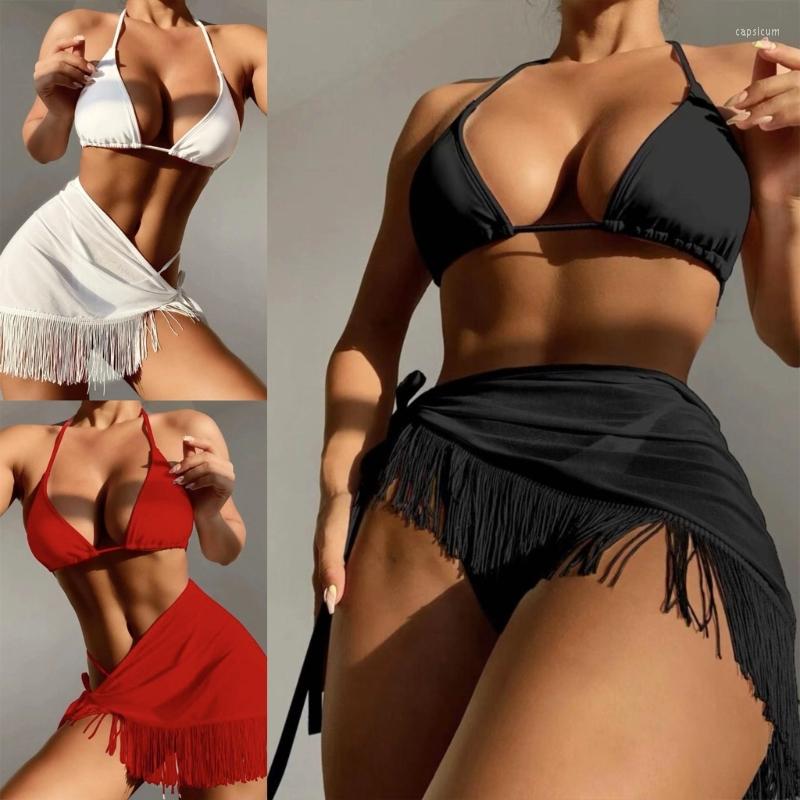 

Women's Swimwear 3pcs Bikini Set Women Solid Color Triangle- Halter Bathing Suit With Tassel Beach Skirt Swimsuits Drop, Black