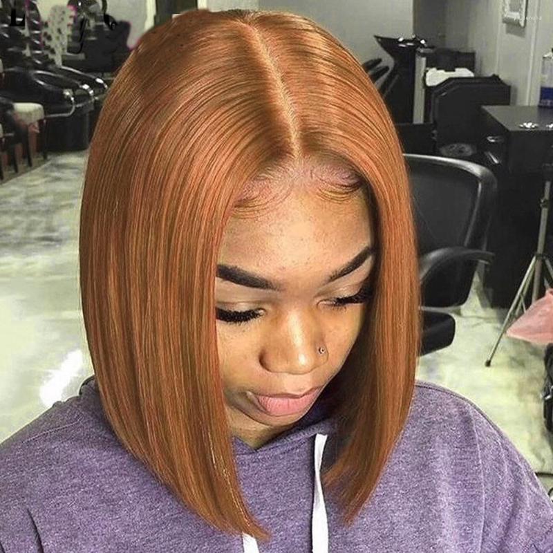 

Dark Orange Color Wigs Honey Blonde Glueless 13x4 Lace Front Short Bob Straight Peruvian Human Remy Hair Small Size, Picture shown