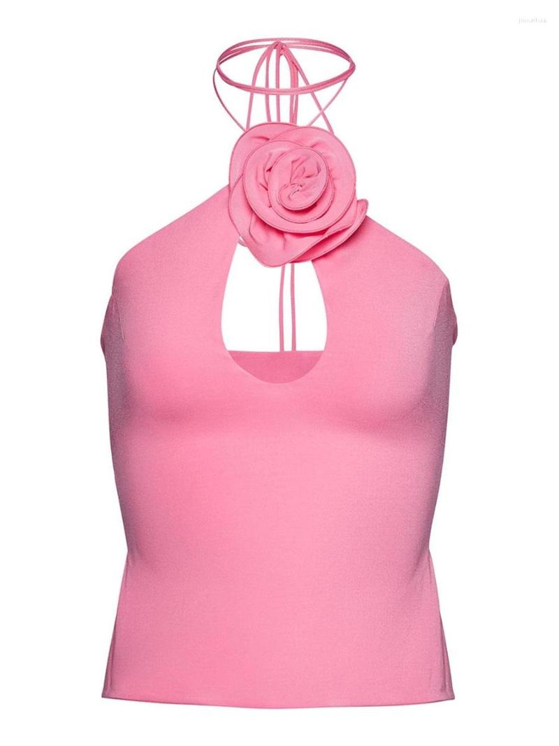 

Women' Tanks Women Solid Color Tank Tops 3D Flower Tie-Up Halter Neck Sleeveless Backless Vests Summer Slim Fit Shirts Streetwear, Pink