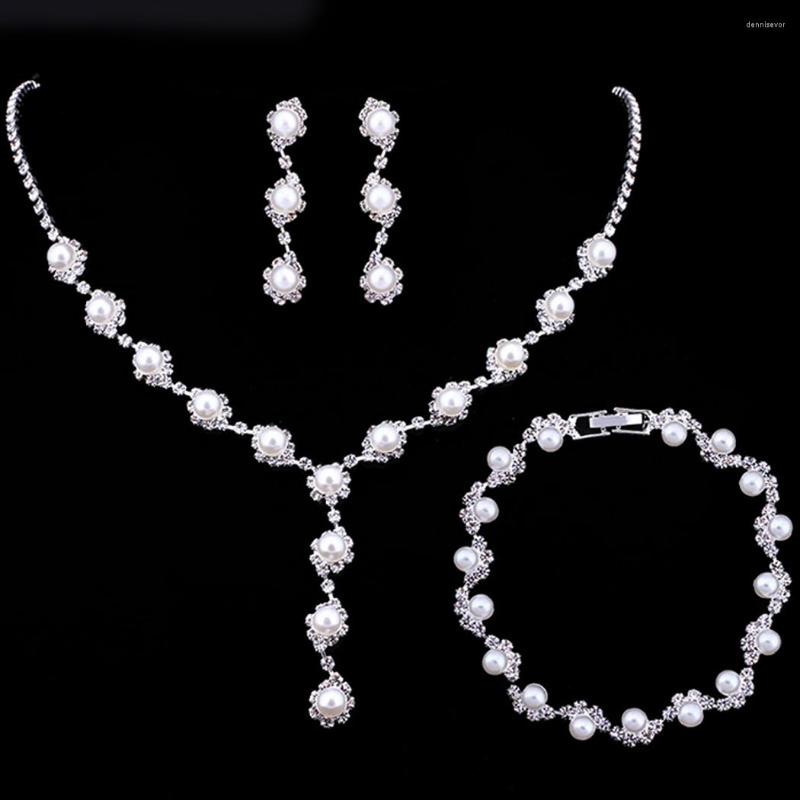 

Necklace Earrings Set Bridal Jewelry Pearl Rhinestone Wedding Bracelet Elegant Pendant Hook, Picture shown
