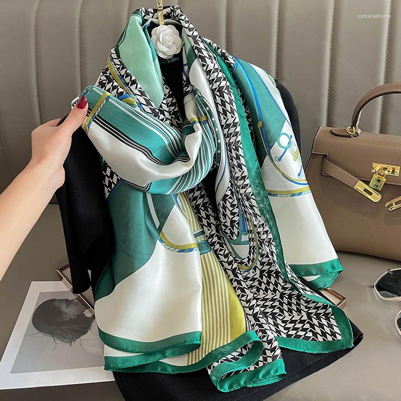 

Scarves Fashion Glass Green Geometric Floral Silk Shawl Scarf High Quality Turban Head Hijab Wrap Foulard Snood 180 90Cm