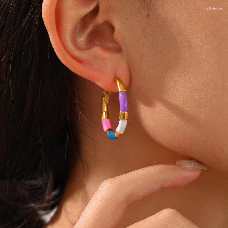 

Hoop Earrings Fashion Stainless Steel Hiphop Women Colorful Oil Plated 32mm Geometry Big Circle Party Jewelry Accessories Gifts