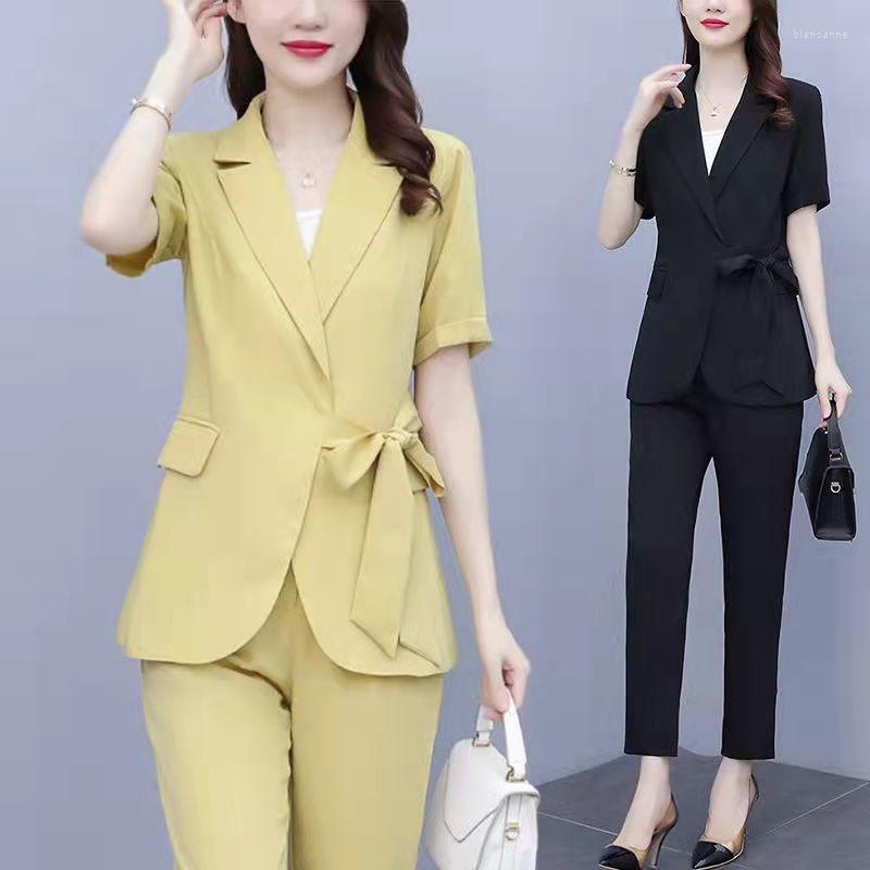 

Women's Two Piece Pants Fat Summer European Fashion Celebrity Women's Small Suit 2 Sets Business Suits Ladies Blazer Jacket Pant Set, Yellow
