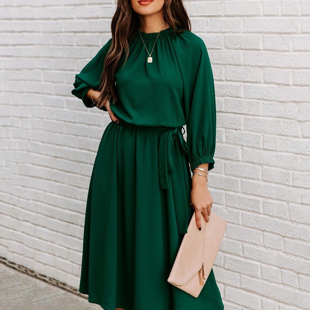 

Dresses Green Fashion Lace Up Dress for Women' O Neck Elegant Ladies Sexy Big Swing Party Dresses 2022 Spring Summer Casual Robe Femme, Burgundy