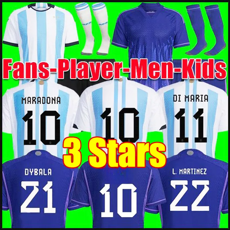 

Argentina 3 Stars Soccer Jerseys Fans Player Version 2023 DYBALA MARTINEZ Maradona De Paul Football Shirt 23 24 Men Women Kids MESSIS Sets Uniforms Di Maria, Away kids sets
