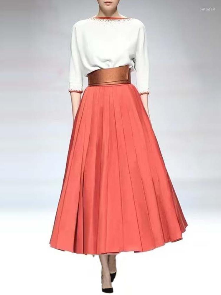 

Work Dresses Runway Fashion Women Autumn Set 2023 White Diamonds Beading Knitted Top Long Orange Skirt Elegant Party Office 2 Piece, As photo
