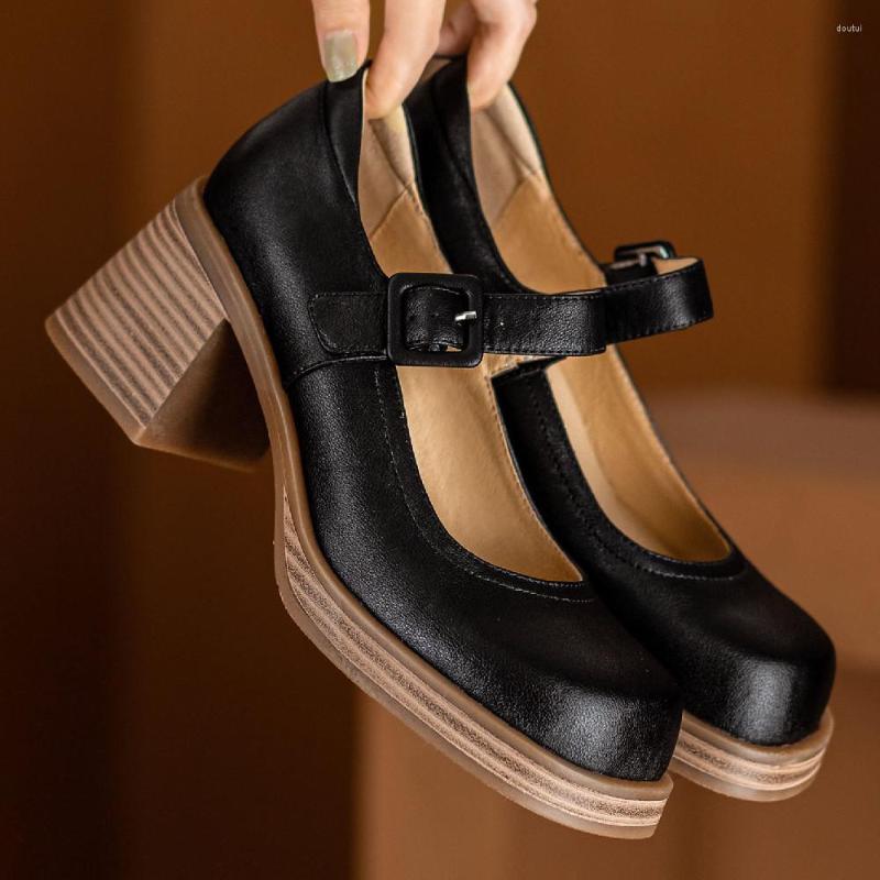 

Dress Shoes Women's Genuine Leather Thick High Square Toe Metal Belt Mary Jane Pumps Retro Female Quality Soft Comfortable Heels, Wine red