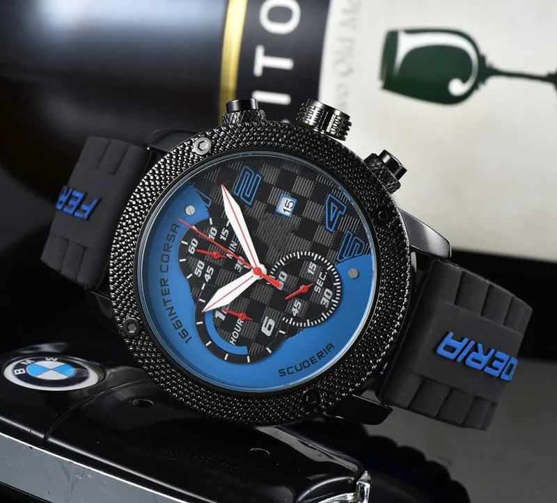 

2023 high quality Men Luxury Watches Six stitches All the dials work Mens quartz Watch Top Luxury brand Rubber Strap chronograph clock Fashion Car series FER one, Watch screwdriver