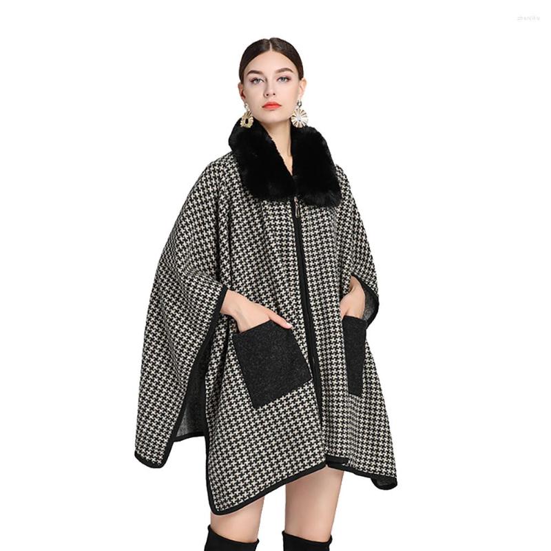 

Scarves Women Cashmere Feel Shawl Lady Rex Faux Fur Collar Wrap Autumn Winter Vintage Hound Tooth Cloak Luxury Warm Overcoat