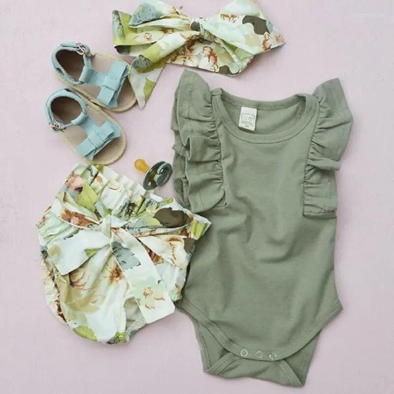 

Clothing Sets 0-18M Born Girls Ruffles Clothes Outfits Sleeveless Romper Tops Shorts Headband 3Pcs Summer Kids Set, Picture shown