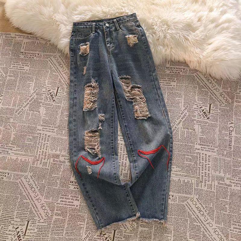 

Men' Jeans Foufurieux Ripped Hole High Waist Men' Women' Wide Leg Baggy Woman Streetwear Vintage Denim Trouser Grunge Y2k, Blue