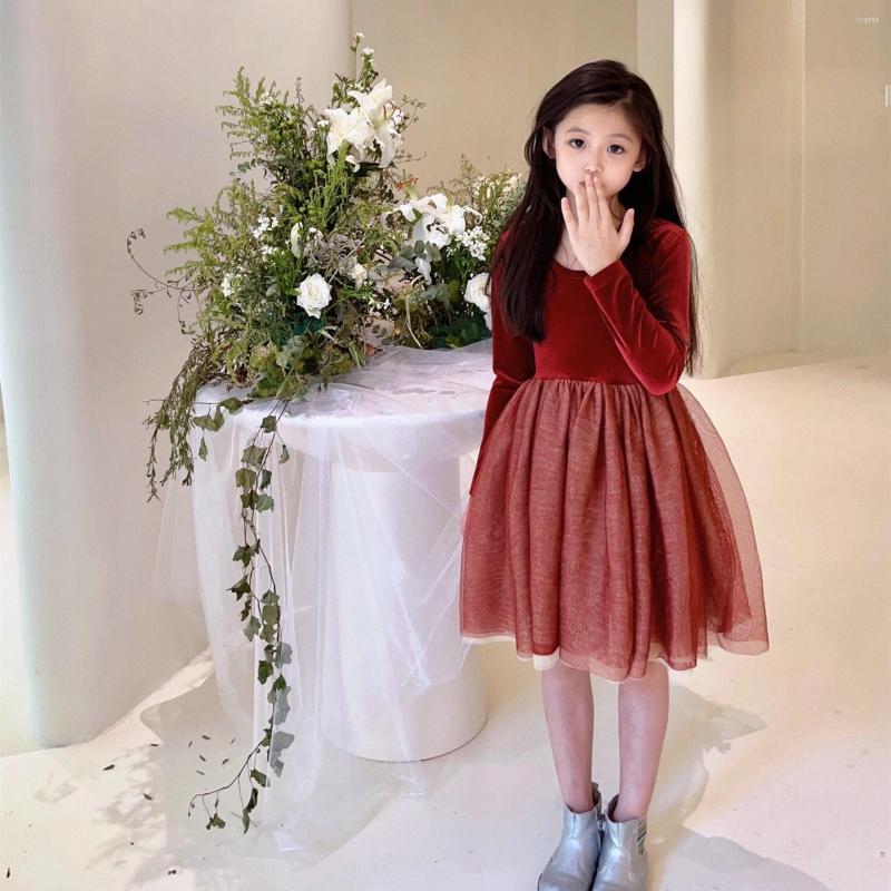 

Girl Dresses Girls Dress Autumn And Winter Long Sleeve High Quality Burgundy Velvet Fabric Puffed Mesh, Picture shown