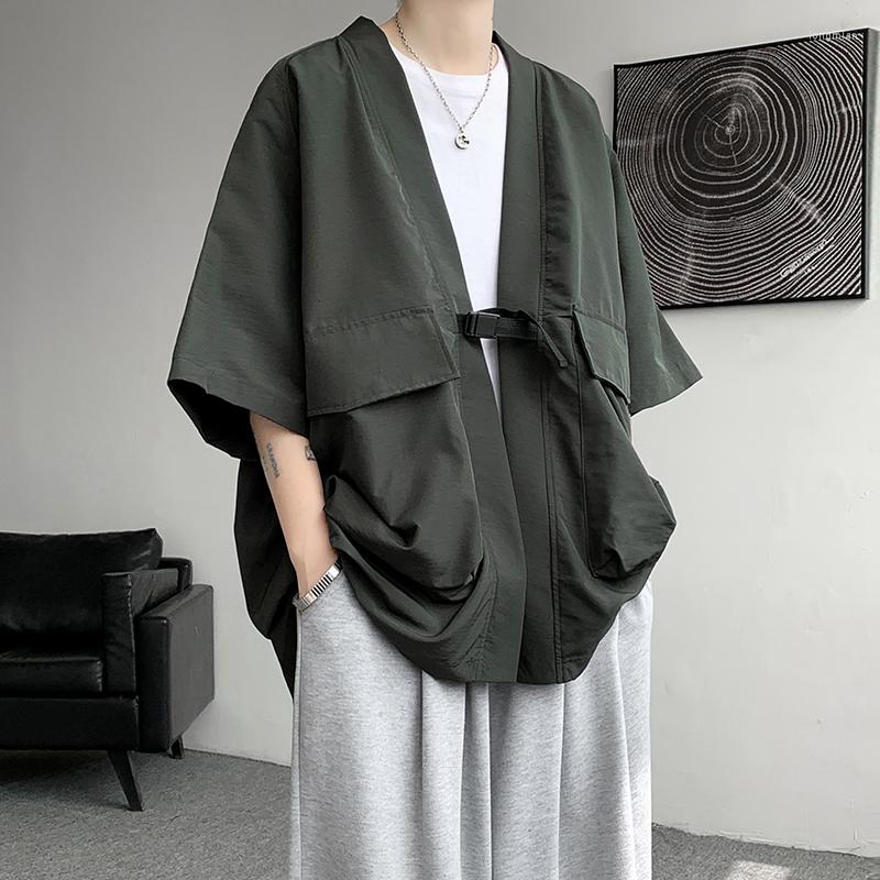 

Men's Casual Shirts Vintage Japanese Style Kimono Cargo Zen Suit Hanfu Men's Short Sleeved Shirt Male Loose Fashion Solid Color Coat, Gray