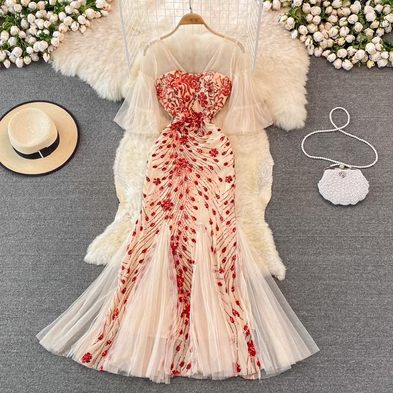 

Dresses Sexy Sequins Glitter Evening Party Dress Women Elegant See Through Mesh Patchwork Vneck Puff Sleeve Embroidery Mermaid Dress, Apricot