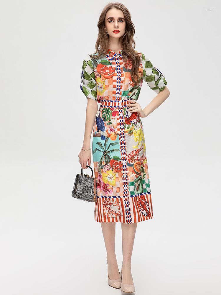 

Work Dresses MoaaYina Fashion Designer Summer Suit Women' Turn-down Collar Short Sleeve Tops Pencil Skirt Vintage Print Two Pieces Set, Multi