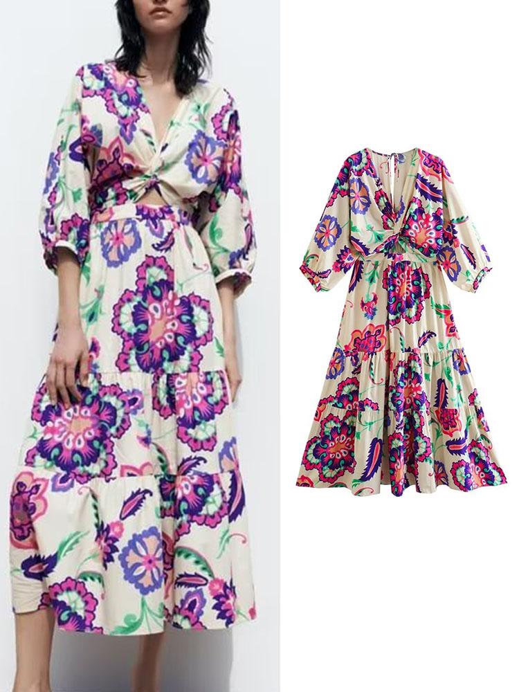 

Dresses Traf 2023 Summer Women Floral Printed Dresses Elegant Vneck Beach Style Dress Hollow Out Aline Midcalf Party Vestidos, As picture