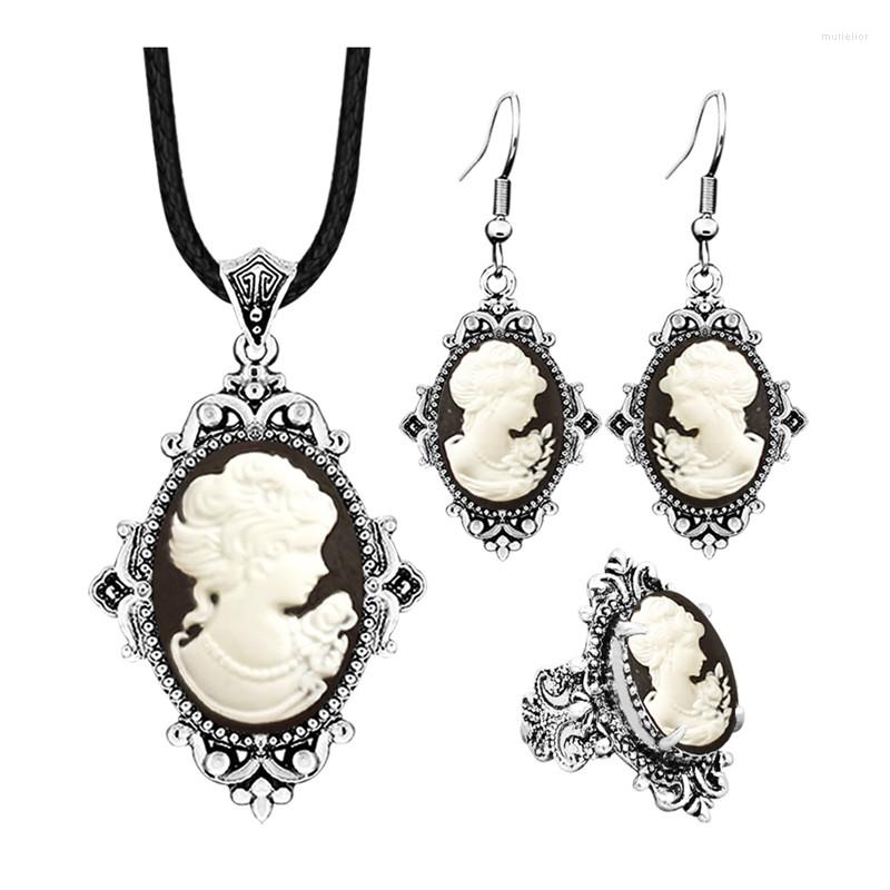 

Necklace Earrings Set Vintage Look Lady Queen Cameo For Women Antique Silver Plated Flower Cross Pendant Earring Ring, Picture shown