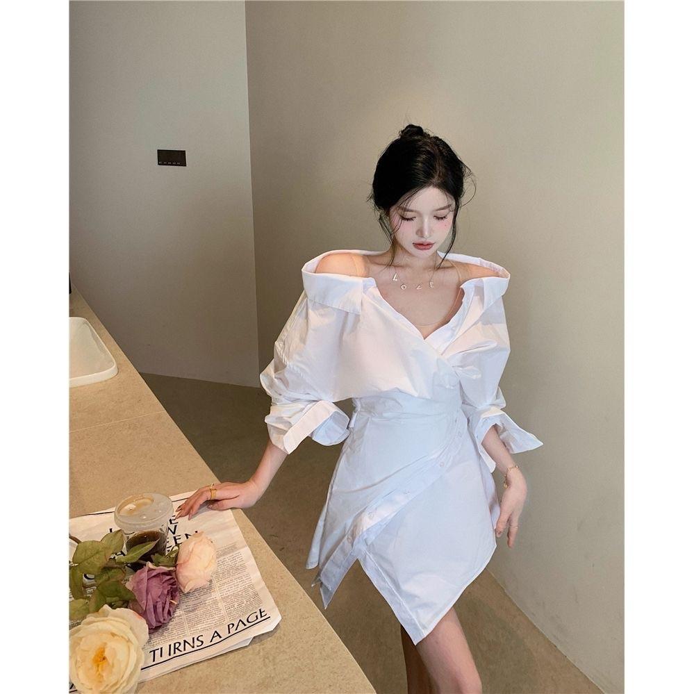 

Dresses Summer Shirts Dress Sexy Off Shoulder Irregular Side Split Korean Folding Long Sleeve Mini Dress Women White Shirt Streetwear