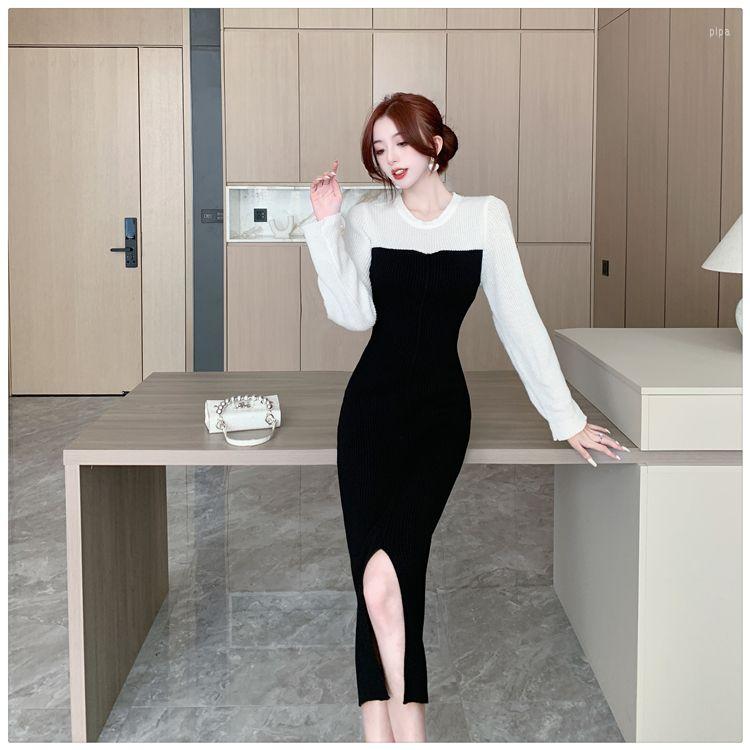 

Casual Dresses 2023 O-Neck Long Sweater Dress For Women Elegant Casuals Female Patchwork Slim Sexy Knitting Autumn Winter Pullover X16, Black