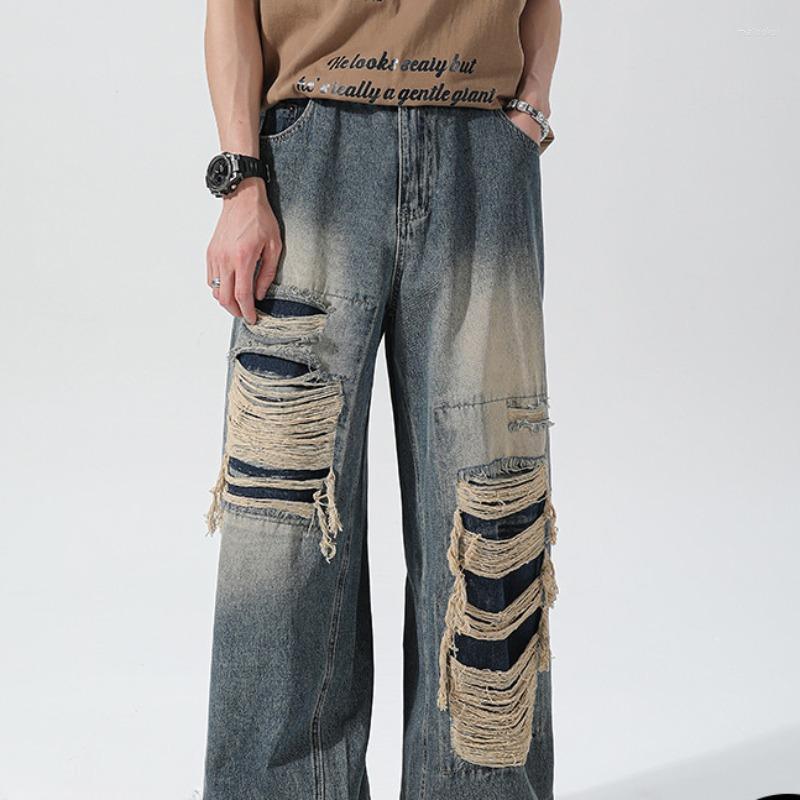 

Men's Jeans American Retro Ripped Men's Loose Casual Wide-leg Mopping Pants Ruffian Handsome High Street Long Pant Man Clothes, Black