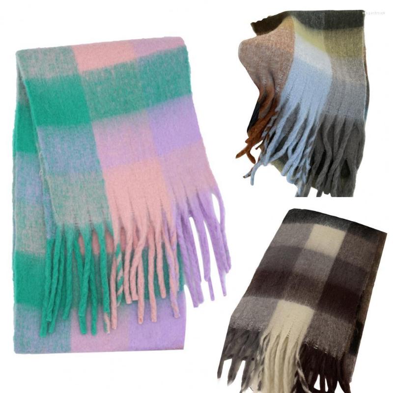 

Scarves Women Winter Scarf Plaid Print Thicken Tassel Contrast Color Decorate Keep Warm Soft Wide Cozy Shawl For Outdoor