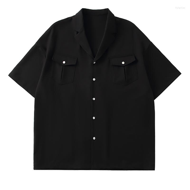 

Men's Casual Shirts Summer Oversize Baggy Shirt Men Vintage Blouse Fashion Korean Street Causal Button Short Sleeved Clothing Tops Male Plus, Black