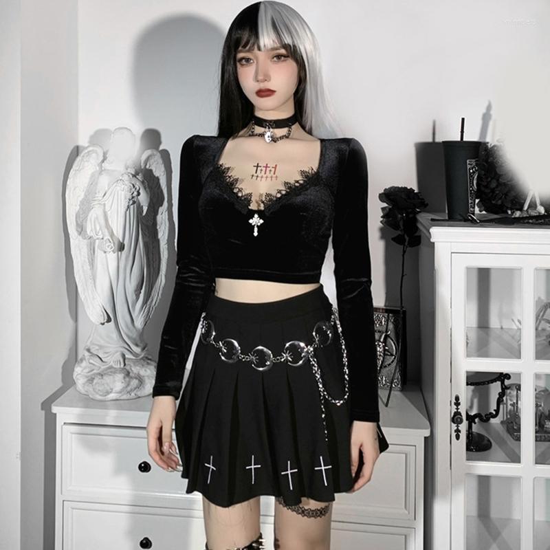 

Women' T Shirts Women Gothic Punk Velvet Long Sleeve Crop Top Harajuku Sexy Deep V-Neck Cross Pendant T-Shirt Lace Trim Slim Streetwear, Picture shown
