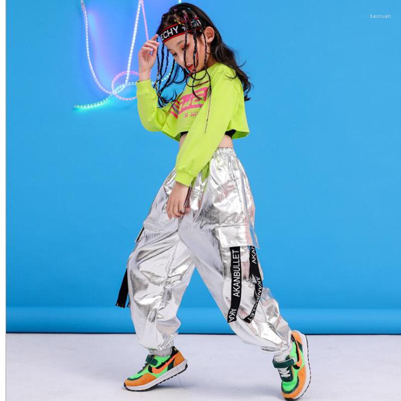 

Stage Wear Children Hip Hop Clothing Green Sweatshirt Top Crop Casual Pants Girl Kids Jazz Dance Costume Ballroom Dancing Clothes, Green tops