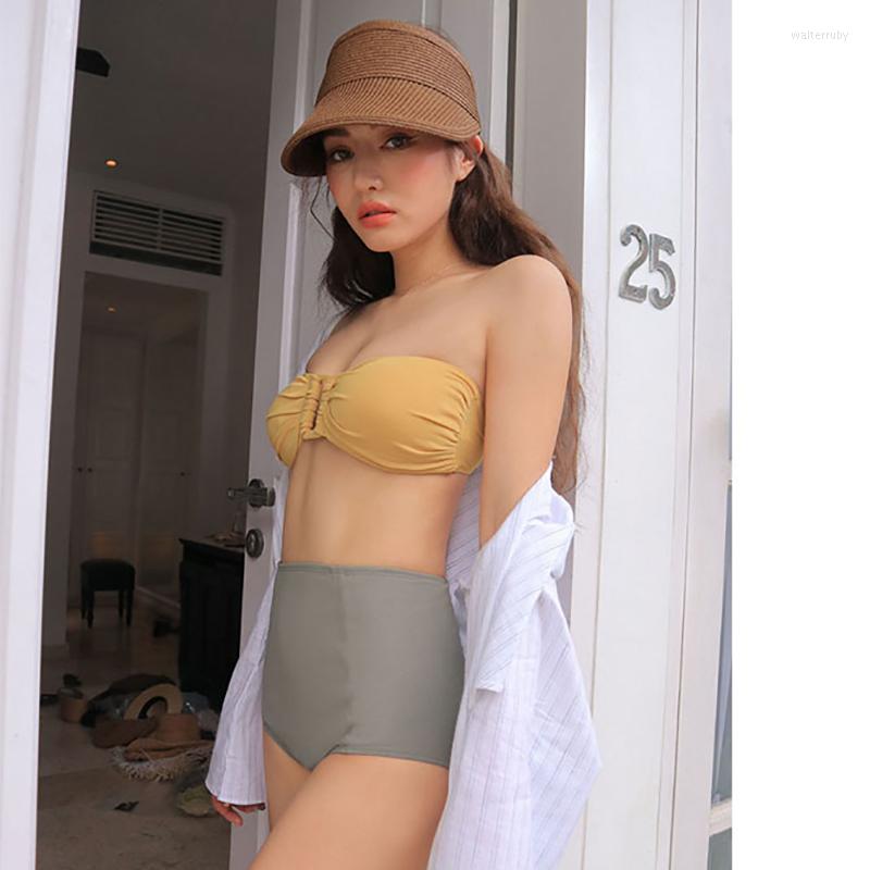 

Women' Swimwear Strapless Two Piece Womens Solid Color 2Pcs Bikini Suit Low Neck Bustier Top With High Waist Triangle Bottoms For Beach, Picture shown
