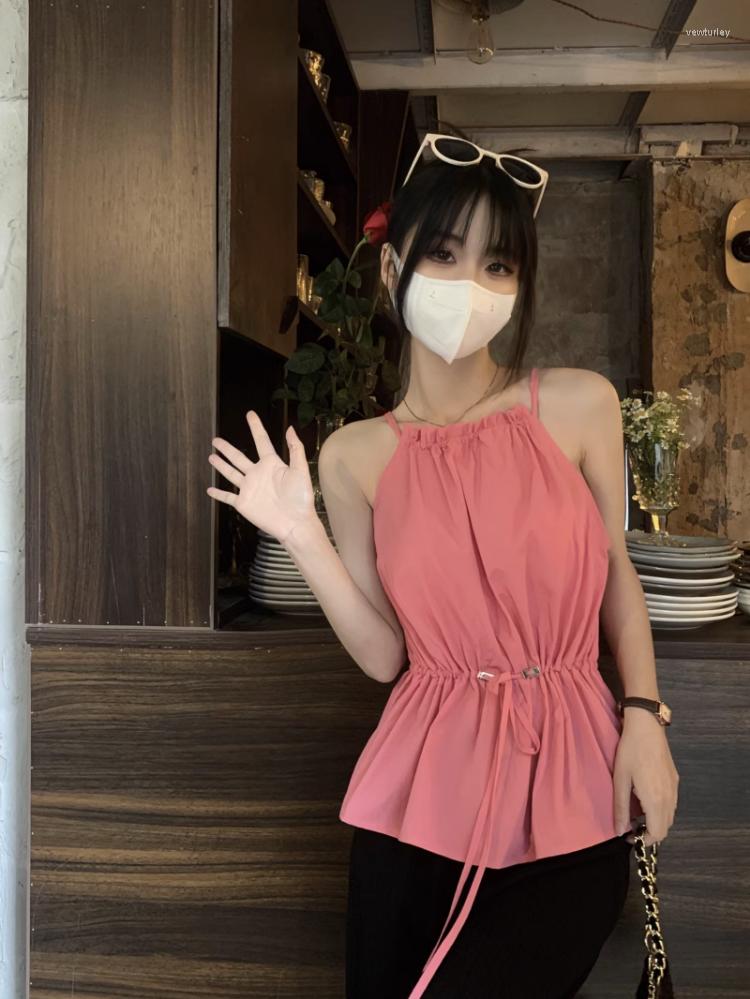 

Women's Hoodies Korejepo Solid Sleeveless T-shirt Wooden Ear Edge Women Summer Drawstring Pleated Strap Top Tight Short Backless Bottom, Coco pink