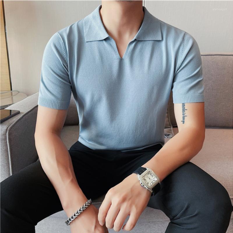 

Men's Polos 2023 Summer Knitted V-neck POLO T Shirts Men Solid Color Slim Casual Business Social Streetwear Fashion Clothing, Khaki