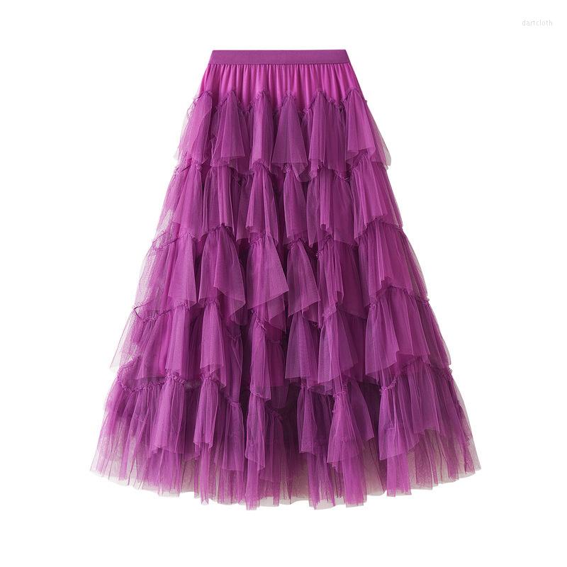 

Skirts Summer Elegant Chic Cake Skirt For Women Midi Long High Waist Mesh Spliced Puffy Ladiy Girls Evening Party, Pink