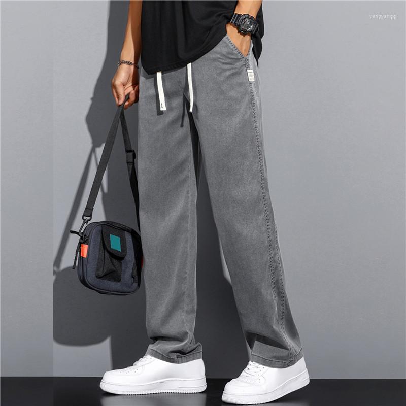 

Men's Pants Summer Soft Lyocell Fabric Men'S Jeans Thin Loose Straight Drawstring Elastic Waist Korean Trend Y2k Casual Trousers, Black