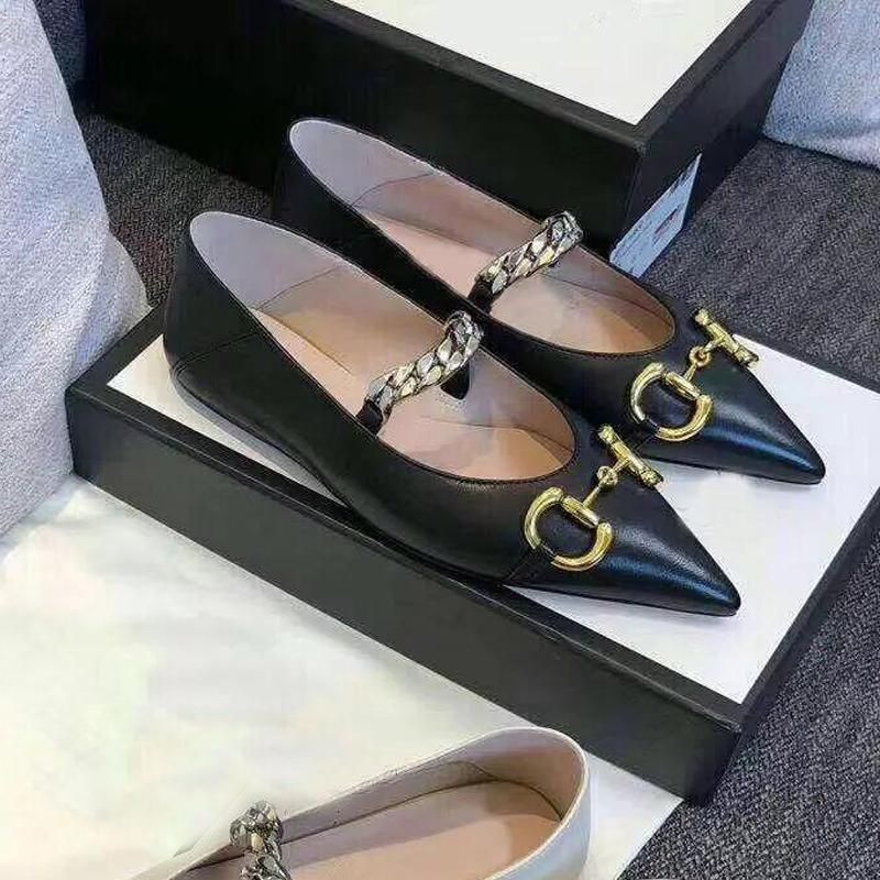 

fashion women Flat designer Pointed Dress shoes Authentic cowhide Metal chain Lady leather letter casual shoe Mules Princetown Trample Lazy Loafers SHoes size 34-41, Black