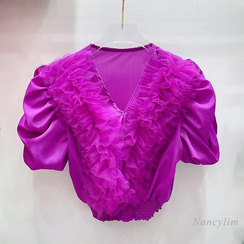 

Women's Blouses 2023 Summer Short Top Loose Slimming Mesh Lace Ruffles Stitching V Neck Shirt Puff Sleeves Y2k Blouse Blusas Green Purple