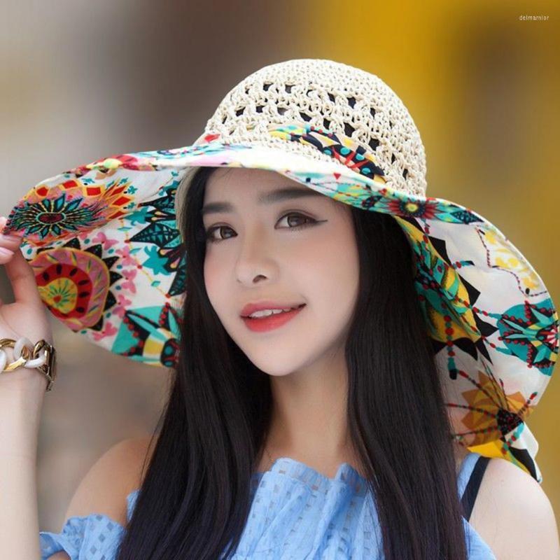 

Wide Brim Hats Sun Hat Ethnic Style Print Straw Women Summer Sunshade, Khaki
