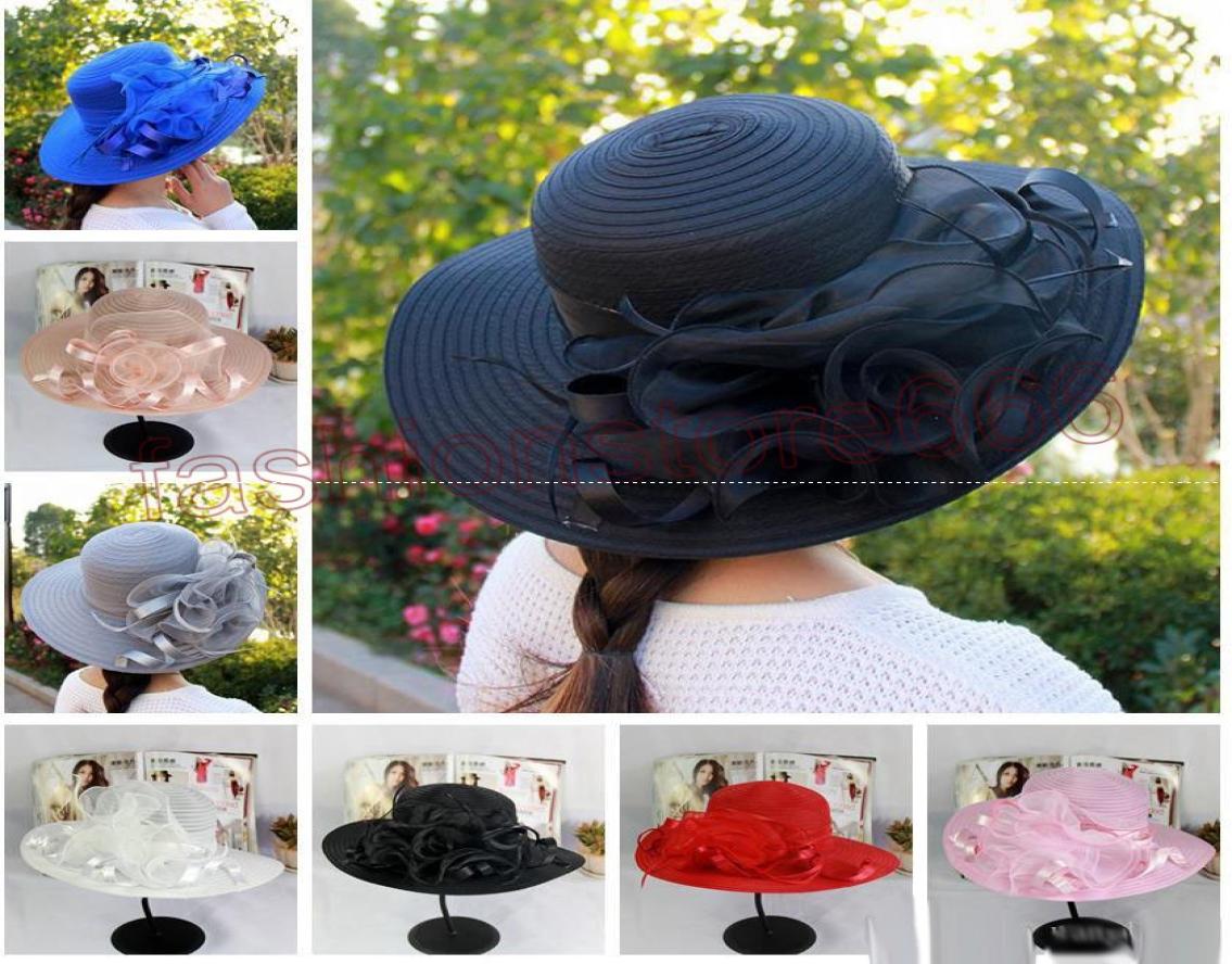 

New womens Kentucky Derby Wedding Church Party Floral Hat elegant wide brim sun summer hats Organza Hats for women 7 colors top qu1323588, Red
