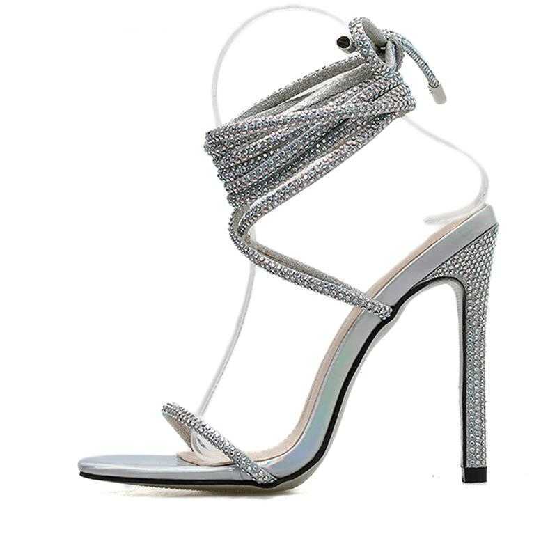

NXY Sandals Silver Crystal Rhinestone Sexy Women Summer Ankle Lace-up Open Toe Thin High Heel Wedding Dress Shoes 230511