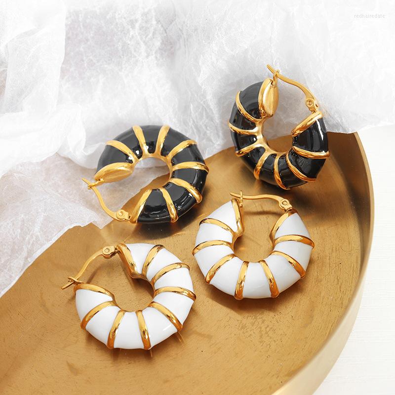 

Hoop Earrings Enamel Geometric For Women Stainless Steel Circle Ear Buckle Hoops With Natural Stone Charms Gifts