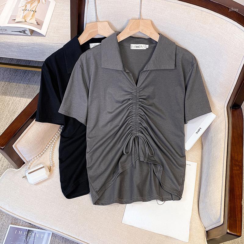 

Women's T Shirts -4XL Large Size Shirring Drawstring T-shirt Female Summer Oversize Short-sleeve Tops Turn-down Collar Loose Solid Chic, Black