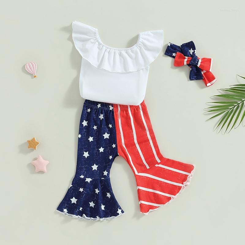 

Clothing Sets FOCUSNORM 0-18M 3PCS Baby Girls Clothes Sleeveless Ruffled Solid Romper Stars Striped Printed Flare Pants Headband, Picture shown