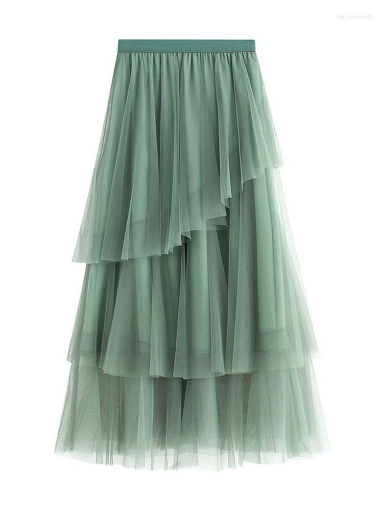 

Skirts 2023 Vintage Long Pleated Tulle Skirt Fashion Women Summer Korean Irregular Mesh High Waist Ball Gown Female Woman Clothes, Green