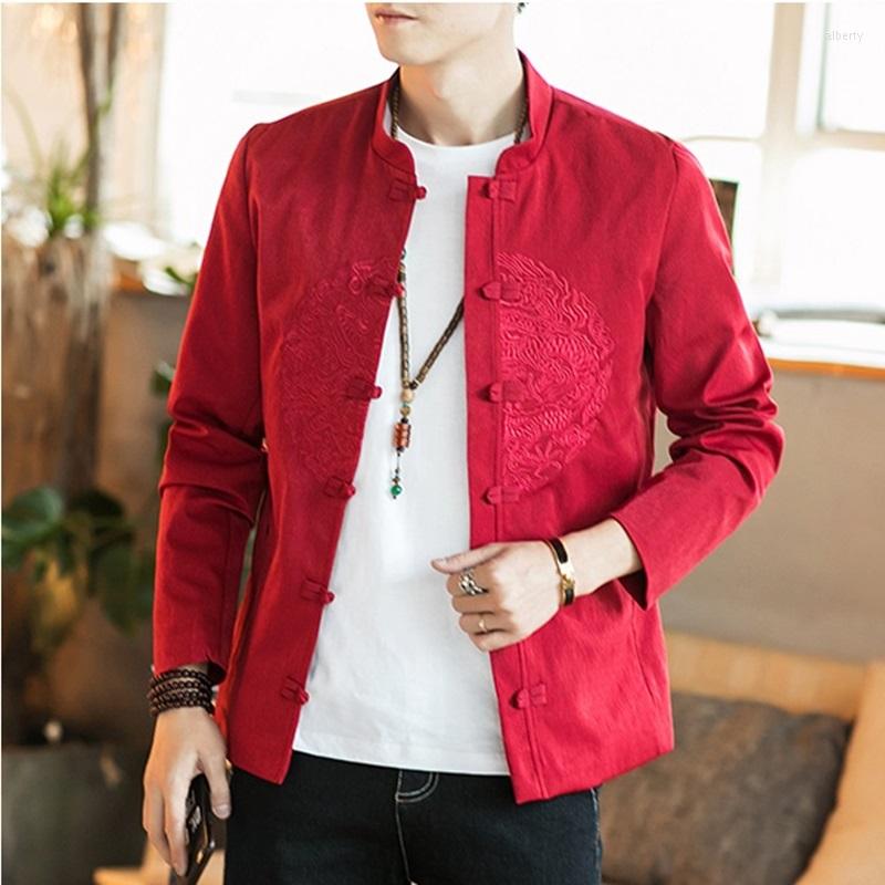 

Ethnic Clothing Chinese Dragon Shirt Embroidery Linen Jacket Men 2023 Japanese Streetwear Frog Button Mandarin Collar 30287