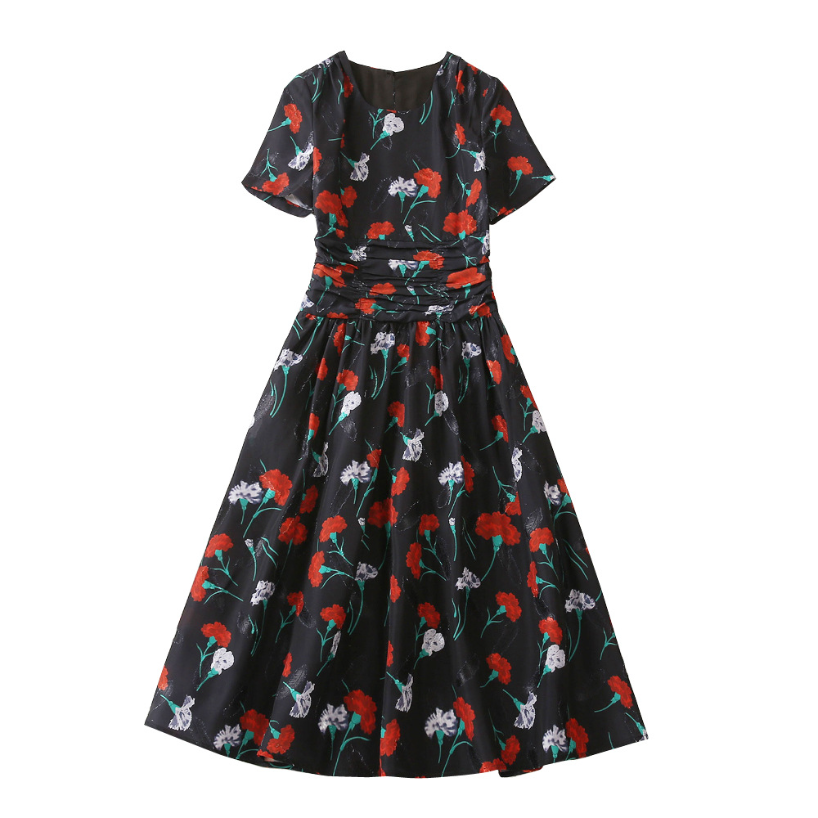 

Summer Black Floral Print Ruched Dress Short Sleeve Round Neck Panelled Classic Casual Dresses A3A101459