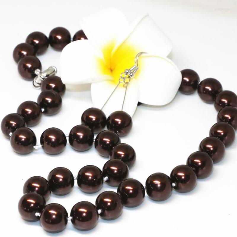 

Necklace Earrings Set Exquisite Design Fashion Chocolate 12mm Round Simulated-pearl Shell Beads Elegant Jewelry 18inch B2342, Picture shown